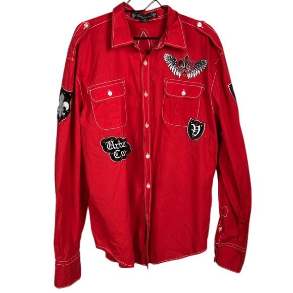 Victorious Men's Size 2XL Red Long Sleeve Embellished Wings Button Shirt Fleur - Picture 2 of 11